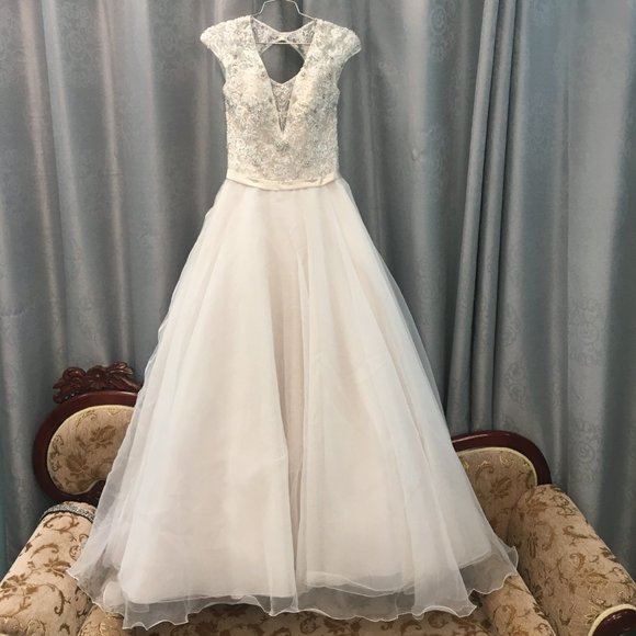 Stunning Aline Wedding Dress, Plunging Neck Open Back Blush Ballgown Keyhole - Picture 5 of 16